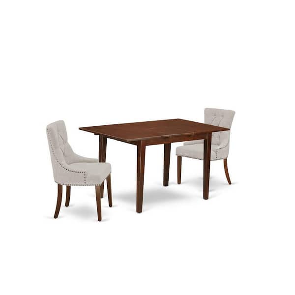 East West Furniture 3-Piece Mahogany Finish Rectangular Solid Wood Top with Butterfly Leaf Dining Table Set
