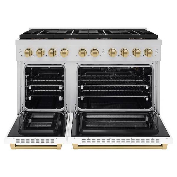 Autograph 48 in. 6.7 cu. ft. Paramount Gas Range with 8 Burners and Dual Ovens with White Matte and Champagne Bronze