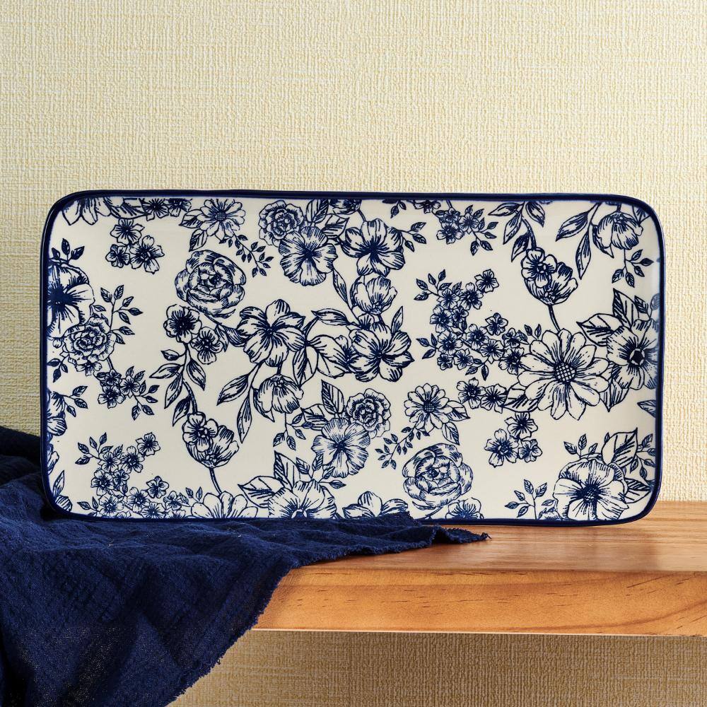 Gabriela Blue and White Floral Ceramic Rectangular Platter