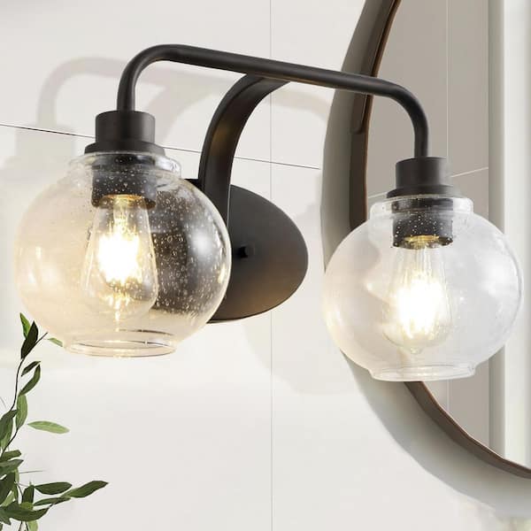 JONATHAN Y Sandrine 17.5 in. 2-Light Oil Rubbed Bronze Iron/Seeded Glass Cottage Rustic LED Vanity Light