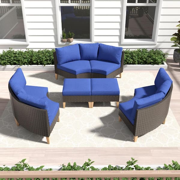 Gymojoy Chic Relax Brown Wicker 6-Seat Outdoor Sectional Sofa Set Patio Conversation Set with Blue Cushions with Ottomans