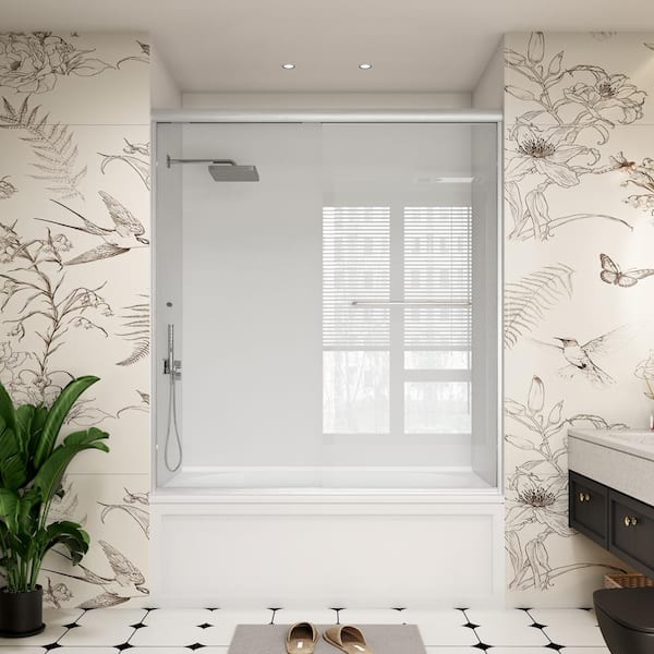 YINVANI 60 in. W x 60 in. H Double Sliding Framed Bypass Bathroom Tub Door in Brushed Nickel with Easy-Clean Clear Glass