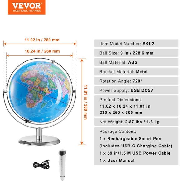 VEVOR Talking World Globe 11.81 in. W. x 9 in. 228.6 mm