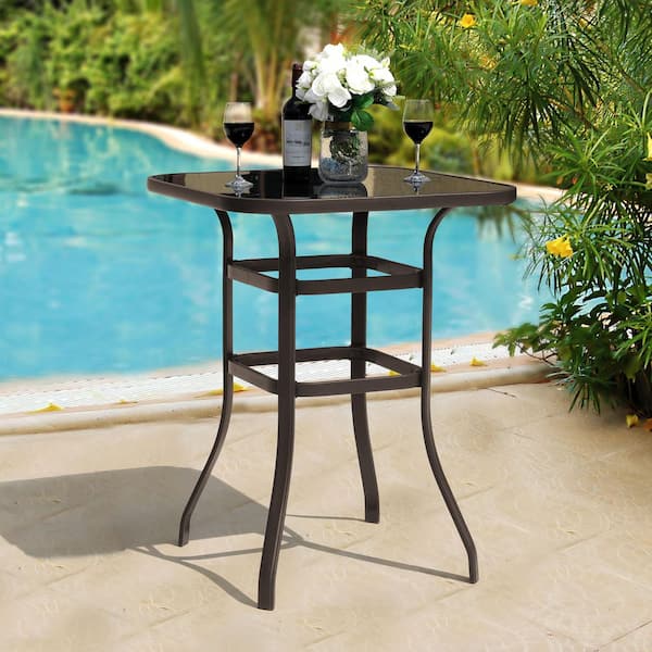 Brown with Gold Speckles Square Metal Bar Height Outdoor Dining Table with Tempered Glass Tabletop