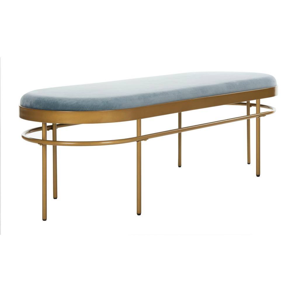 63'' Luxe Transitional Slate Blue Velvet and Gold Oval Bench
