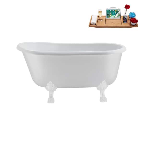 Streamline 57 in. Acrylic Clawfoot Non-Whirlpool Bathtub in Glossy White with Polished Gold Drain and Glossy White Clawfeet