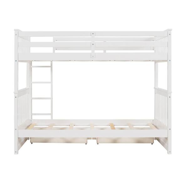 White Kids Bed Twin Size Wood Bunk Bed with 2-Drawers and Ladders SW-JZ ...