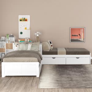 White Twin Size L-Shaped Platform Beds with Trundle and 2-Drawers Wooden 3-Kids Platform Bed Frame with Built-in Desk