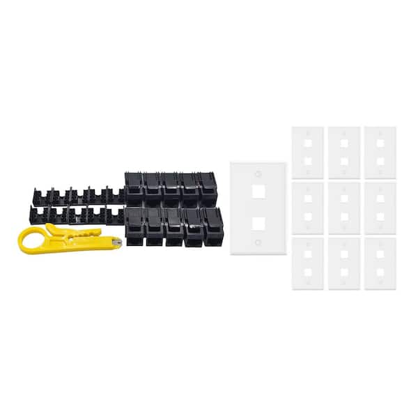 10-Pack 1-Gang White Keystone Plastic Wall Plates 2-Port and 10 Cat 6A RJ45 Keystone Jacks Black
