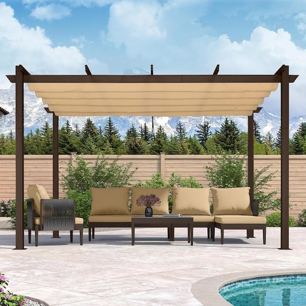 10 ft. x 12 ft. Bronze Aluminum Frame Outdoor Patio Pergola Gazebo with Beige Retractable Sun Shade Canopy for Deck