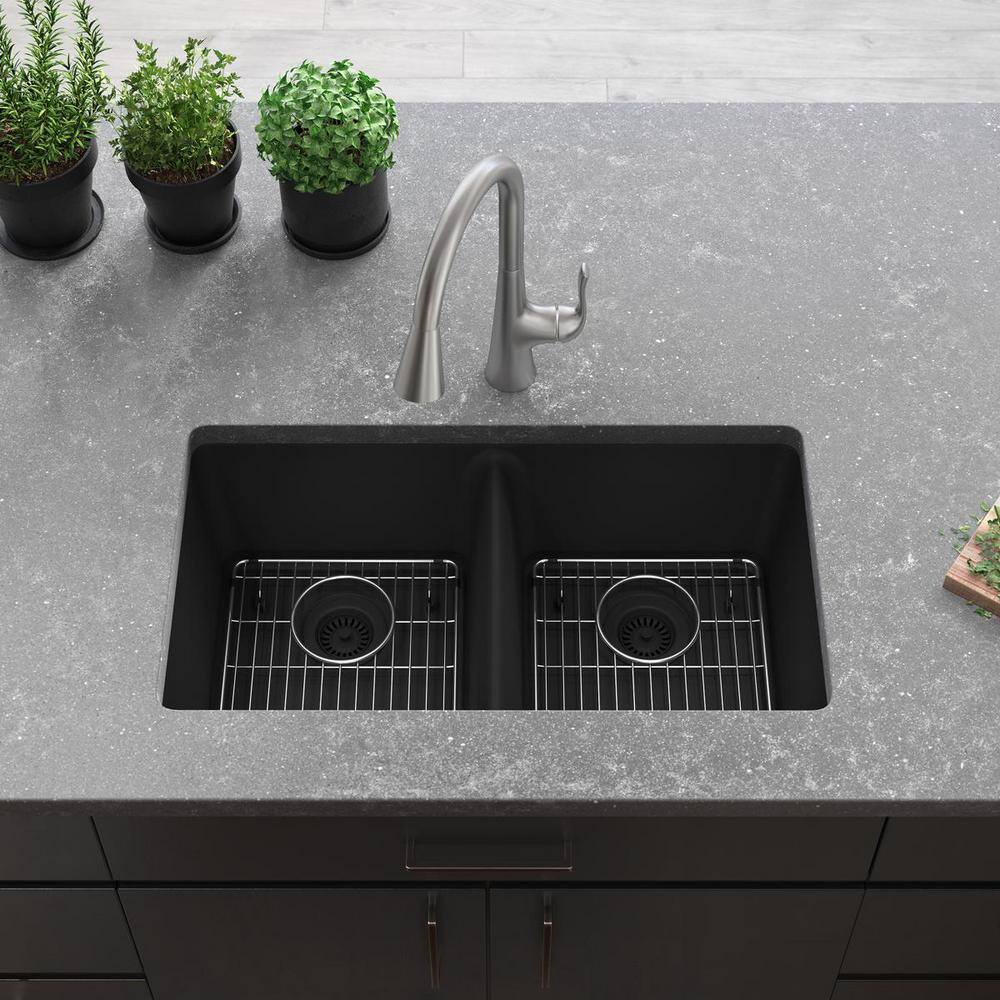 Elkay Quartz Classic 33" x 18-1/2" x 9-1/2", Equal Double Bowl Undermount Sink Kit, Matte Black