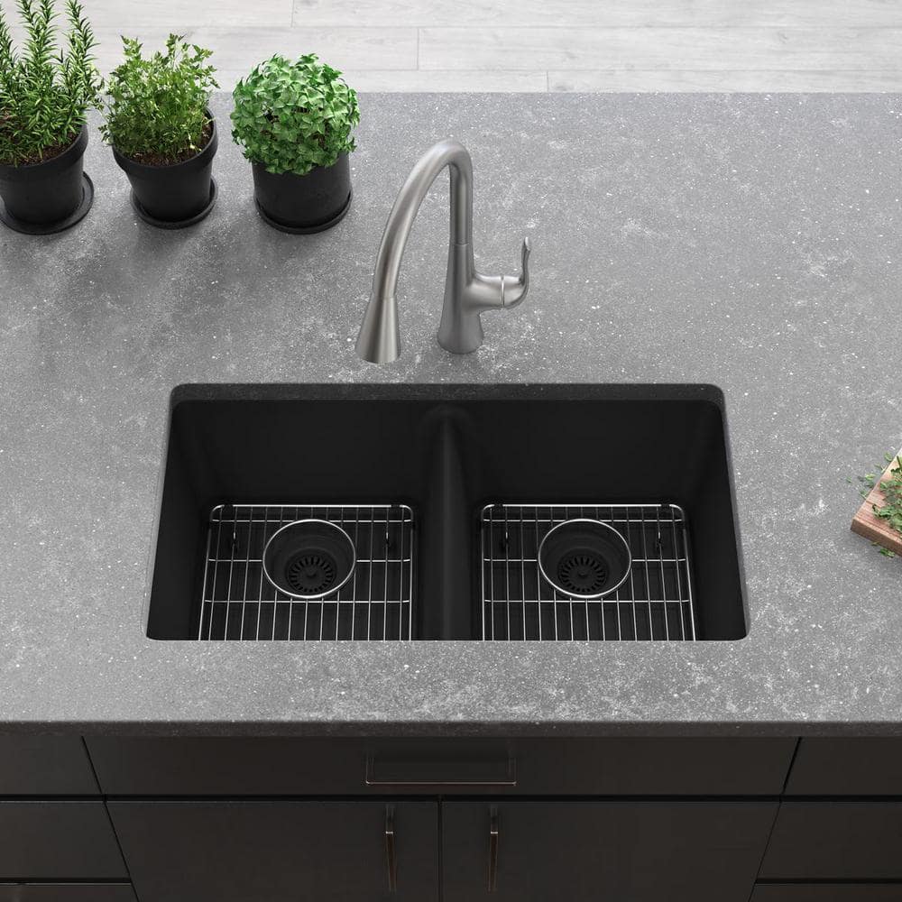 Elkay Quartz Classic 33" x 18-1/2" x 9-1/2", Equal Double Bowl Undermount Sink Kit, Matte Black