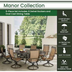 Manor 9-Piece Aluminum Outdoor Dining Set, 8 Swivel Rocker Chairs and 95 in. x 60 in. Oval Table, Bronze, All-Weather