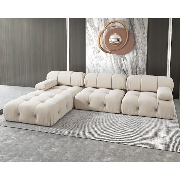 J&E Home 103.8 in. Square Arm Velvet 4-Piece L Shaped Modular Free Combination Sectional Sofa with Ottoman in. Beige