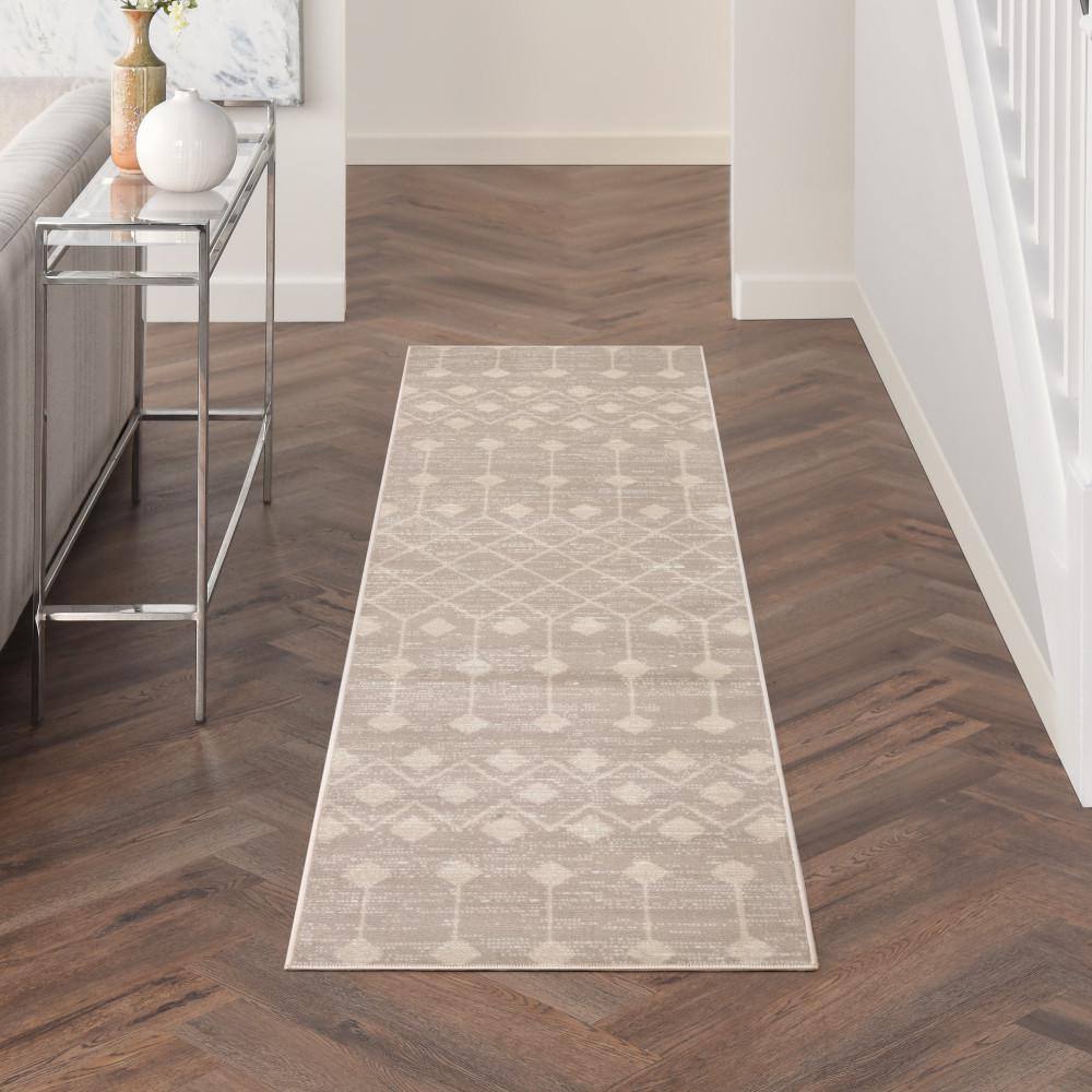 Beige Geometric Power-Loomed Runner Rug with Latex Backing
