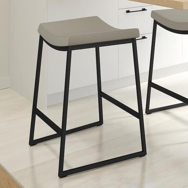 Amisco David 26.25 in. Greige Faux Leather/Black Metal Counter Stool