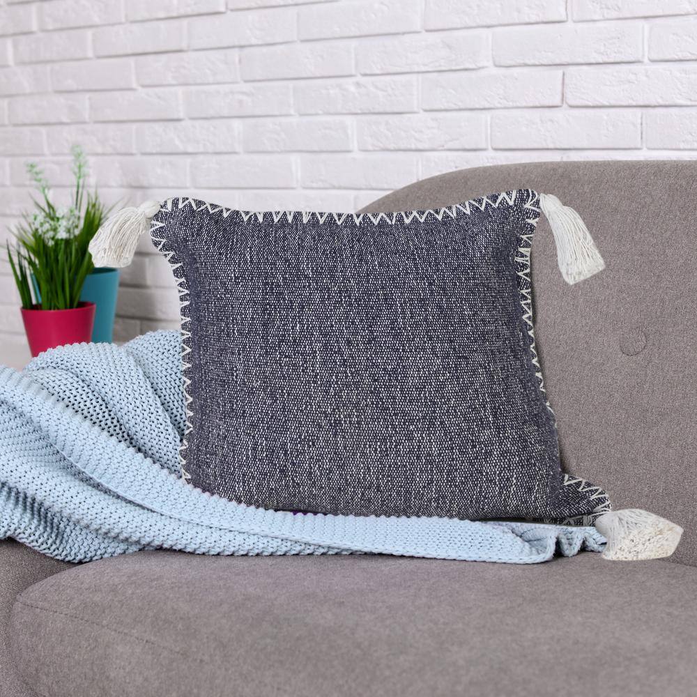 20" Blue and White Embroidered Cotton Throw Pillow