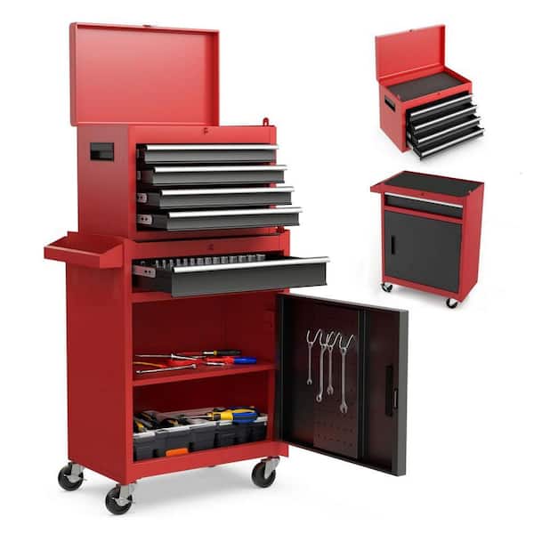 11 in. W 5-Drawer Red Rolling Storage Tool Carts with Detachable Top Tool Box, Liner, Wheels, Adjustable Shelf, Lock
