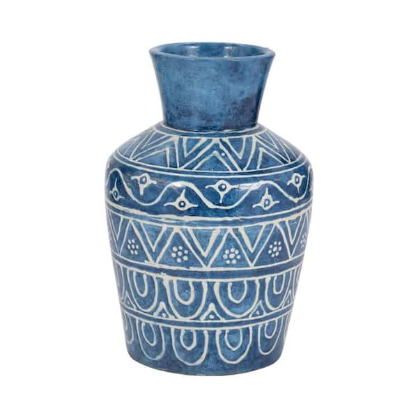 Liv & Skye 12 in. Blue Pottery Trumpet Decorative Vase
