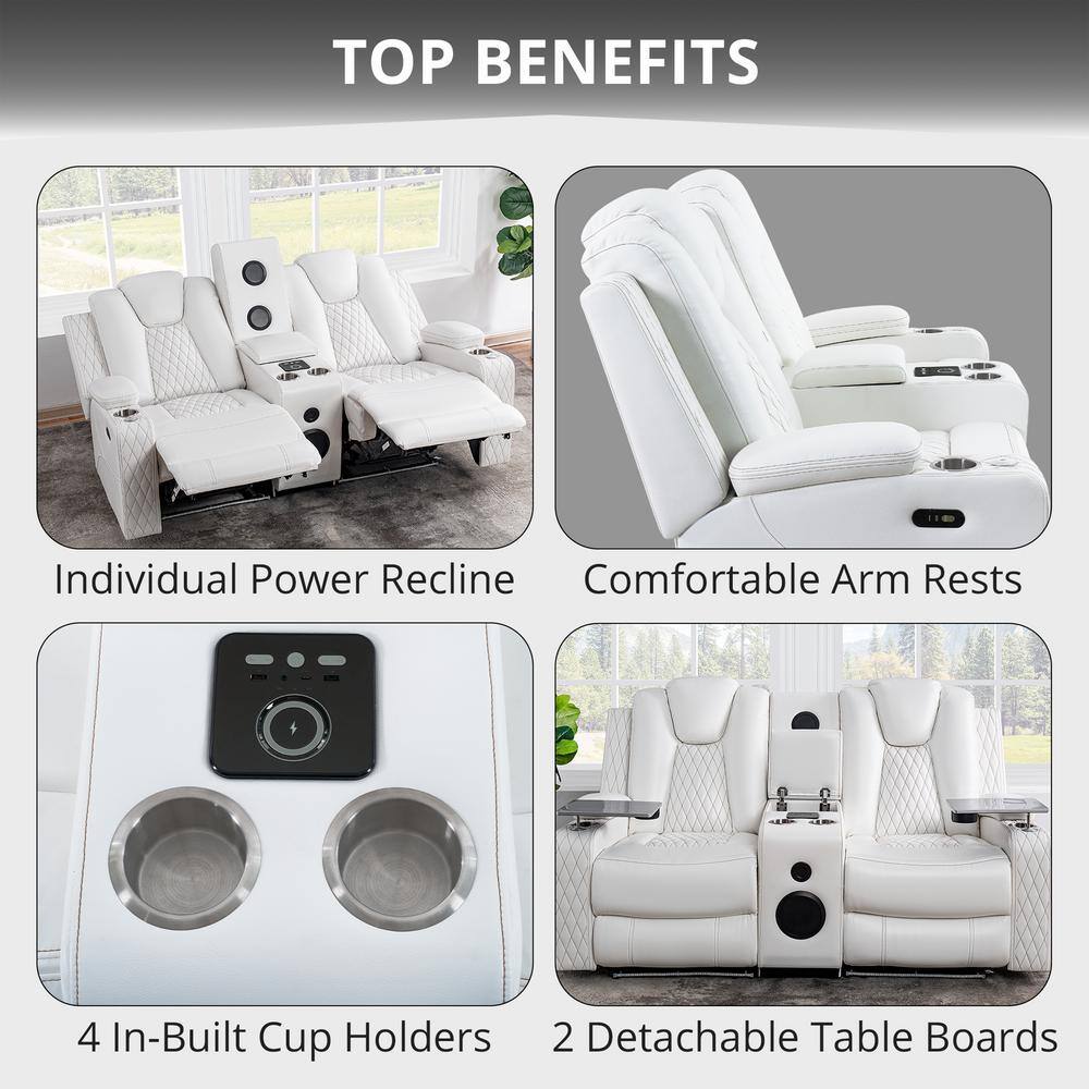 White Faux Leather Reclining Loveseat with Cup Holders and LED Lights