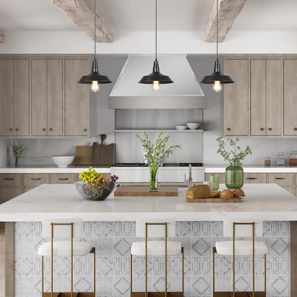 Modern Farmhouse Black Island Pendant with Classic Barn Shade for Foyer Hallway, LED Compatible