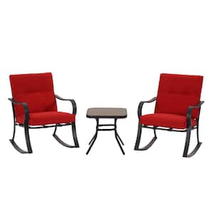 3-Piece Metal Outdoor Bistro Rocking Set with Red Cushion