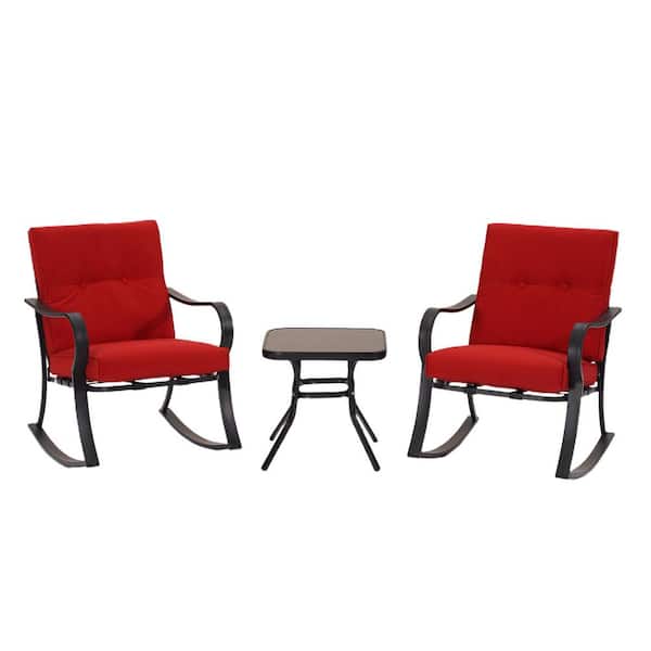 Unbranded 3-Piece Metal Patio Conversation Set 2 Rocking Chairs, Coffee Table with Red Cushions
