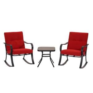 3-Piece Metal Patio Conversation Set 2 Rocking Chairs, Coffee Table with Red Cushions