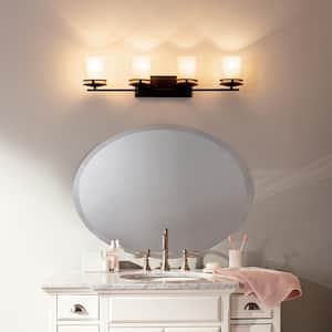 Hendrik 33.75 in. 4-Light Olde Bronze Contemporary Bathroom Vanity Light with Etched Glass Shade