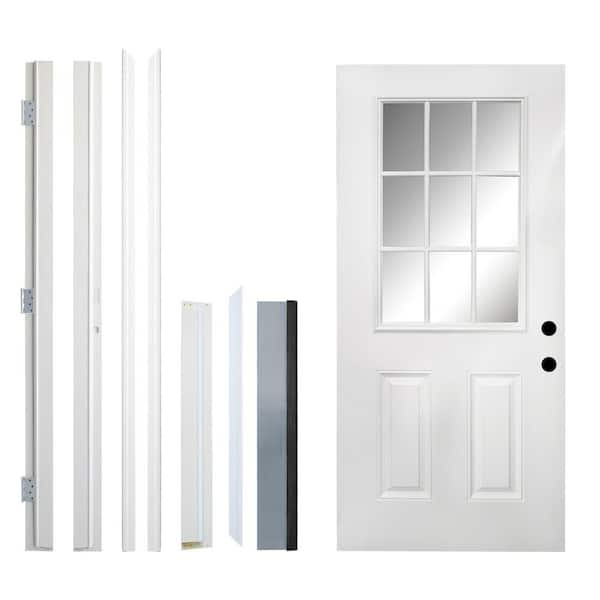 36 in. x 80 in. 9 Lite White Primed Left-Hand Inswing Clear Glass Fiberglass Prehung Front Door with Hinge, Threshold