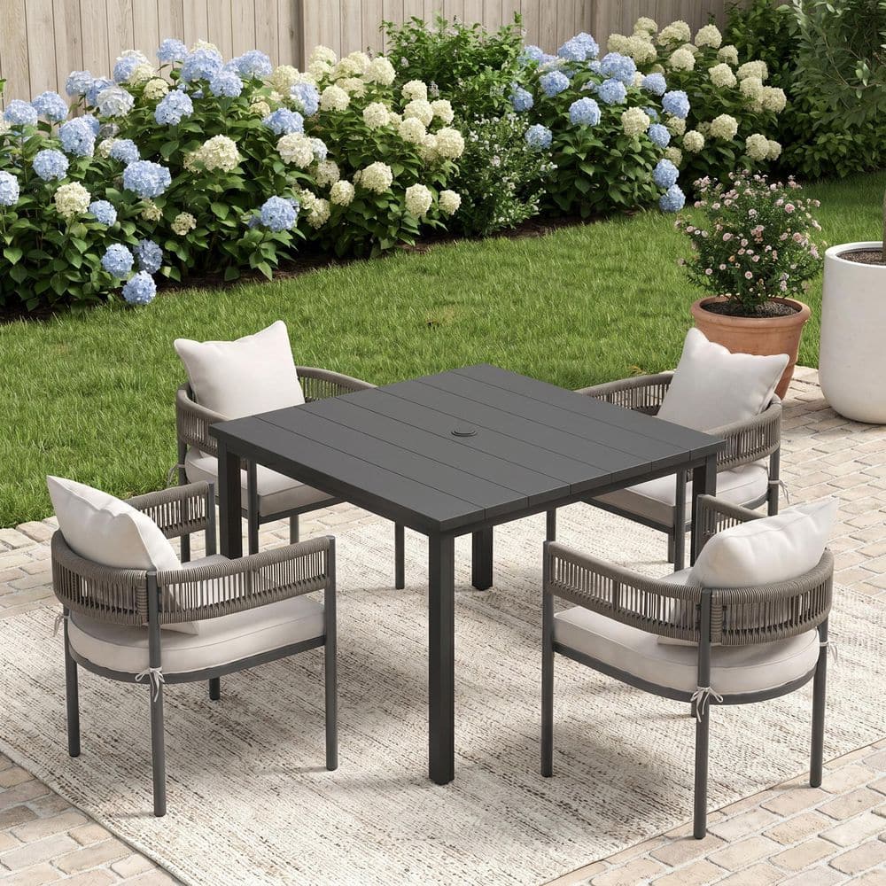 5-Piece Metal Outdoor Dining Set with 40.2'' Black Square Dining Table and 4 Gray Woven Rope Chairs with White Cushions price history on PriceWatchPro