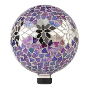 10 in. Diameter Indoor/Outdoor Glass Mosaic Gazing Globe Yard Decoration, Purple Mosaic Flower Design