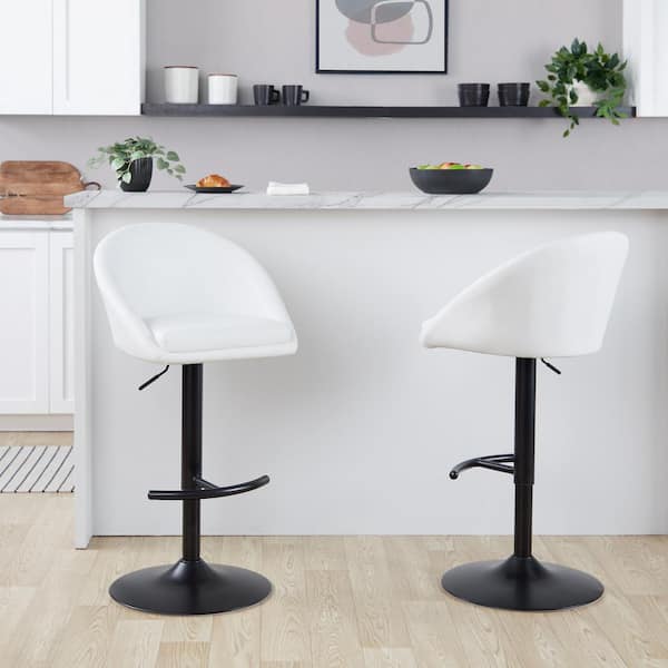 Lumisource Matisse Highback 32.5 in. White Faux Leather and Black Metal Adjustable Bar Stool with Rounded T Footrest (Set of 2)
