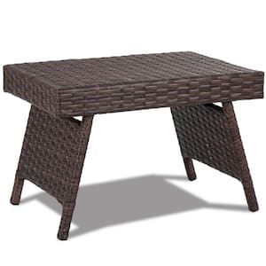15.5 in. Brown Rectangle Wicker Outdoor Side Table Patio Rattan Coffee Table Steel Frame