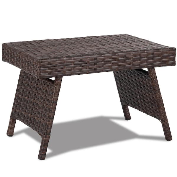 HONEY JOY 15.5 in. Brown Rectangle Wicker Outdoor Side Table Patio Rattan Coffee Table Steel Frame