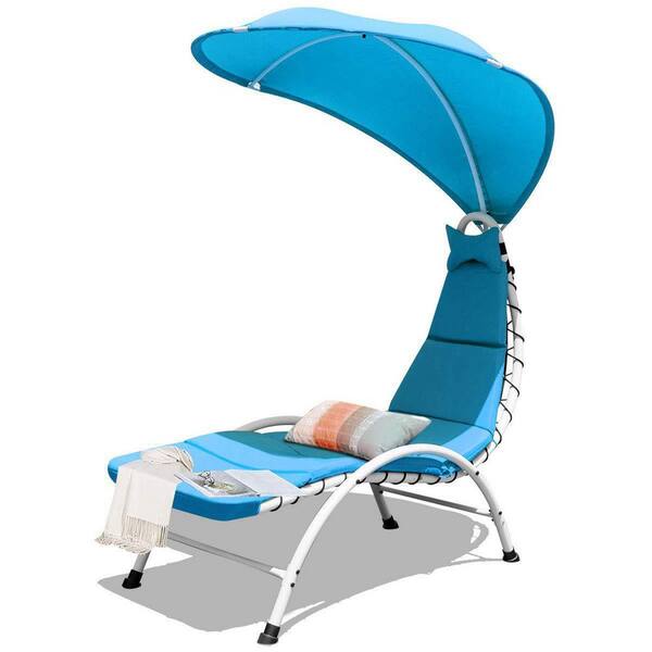 Alpulon Metal Outdoor Patio Chaise Lounger Chair with Blue Canopy and Cushions