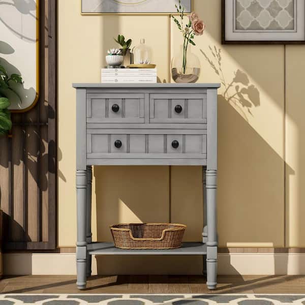 Qualler 24 in. Rectangle Gray Wash Wood Console Table with 3-Storage Drawers
