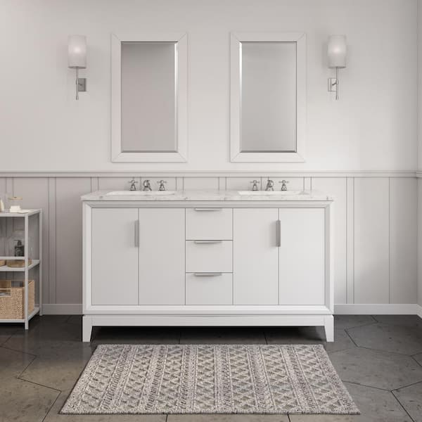 Water Creation Elizabeth 60 in. Pure White With Carrara White Marble Vanity Top With Ceramics White Basins and Faucet