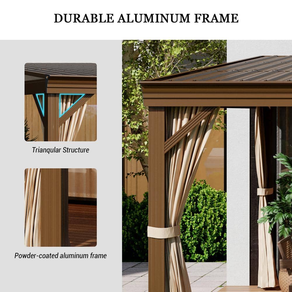 Mondawe 12' x 16' Brown Aluminum Hardtop Gazebo with Curtains