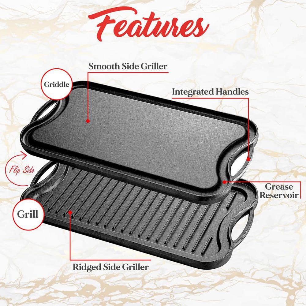 NutriChef Reversible Cast Iron Griddle with Scraper, 21.65"