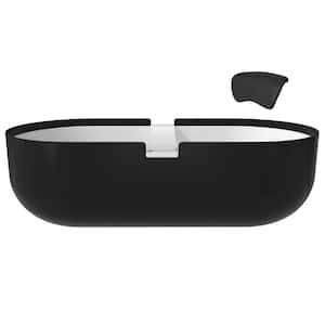 71 in. x 35 in. Solid Surface Stone Free Standing Tub Soaking Bathtub in Matte White with Black Bathtub Pillow