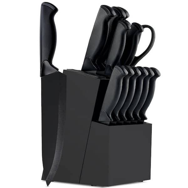 14-Piece Black Stainless Steel Kitchen Knife Set with Knife Block, Built-in Sharpener and Ergonomic Non-Slip Handles