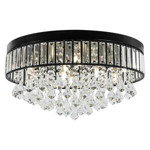 19.68 in. 9-Light Black Modern Round Flush Mount Ceiling Light with Clear Crystal Shade and No Bulbs Included