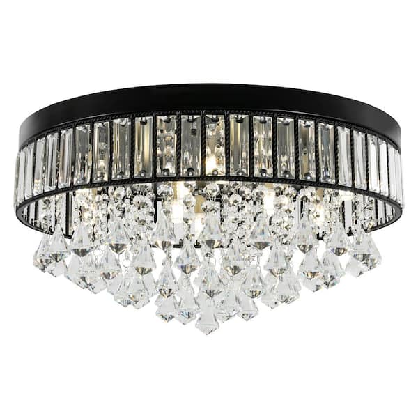 OUKANING 19.68 in. 9-Light Black Modern Round Flush Mount Ceiling Light with Clear Crystal Shade and No Bulbs Included