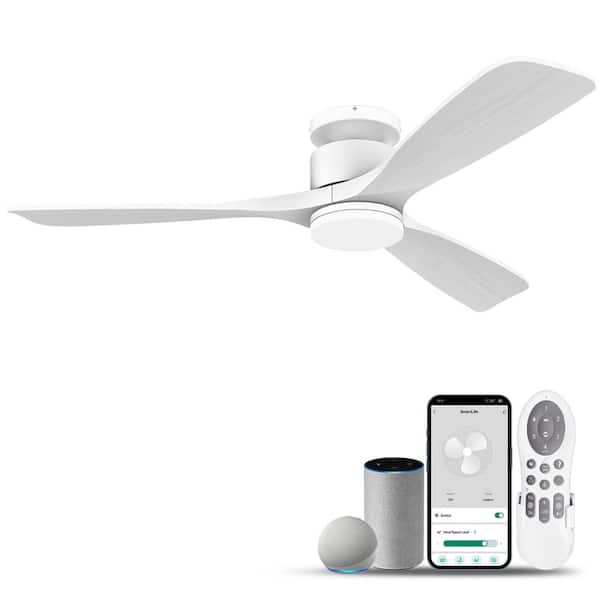 52 in. Smart Outdoor/Indoor White Flush Mount Ceiling Fans with Lights Remote, Voice Control Via WIFI Alexa App