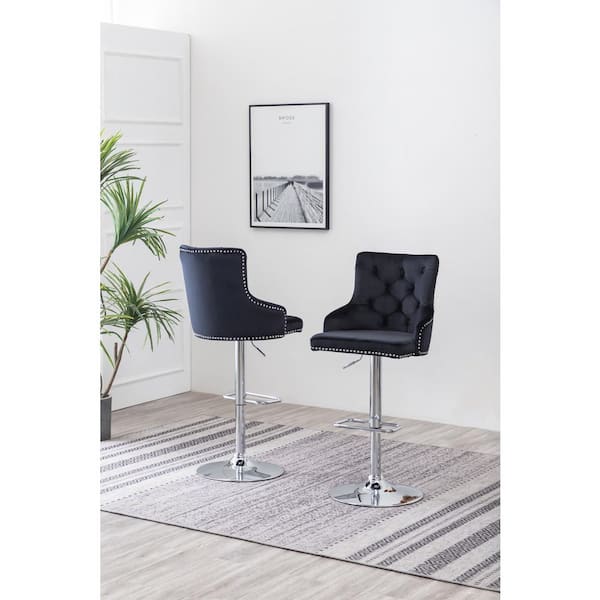 Best Quality Furniture Alexa 40  in. Black Adjustable Bar Stool Chair  w/ Silver Chrome Base and Nail Head Trim (Set of 2) BS58 - The Home Depot