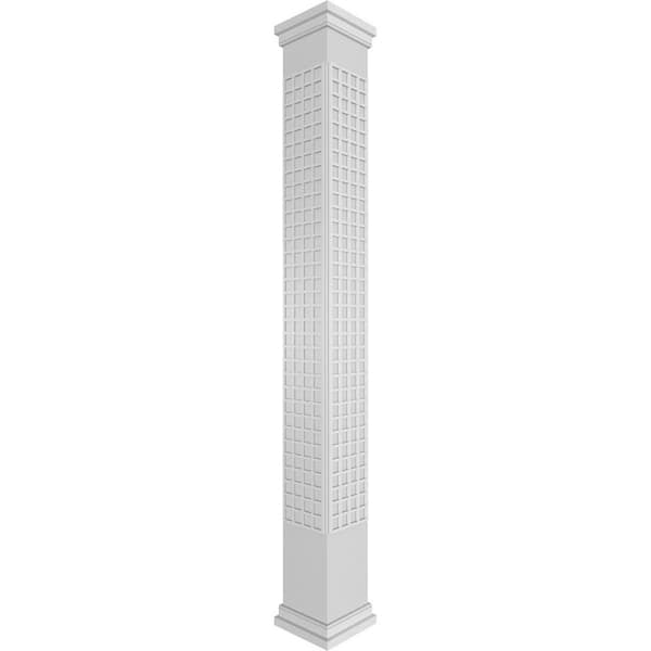 Ekena Millwork 7-5/8 in. x 10 ft. Premium Square Non-Tapered Manchester Fretwork PVC Column Wrap Kit w/Prairie Capital and Base