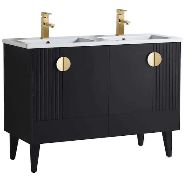 FINE FIXTURES Venezian 48 in. W x 18.11 in. D x 33 in. H Bathroom Vanity Side Cabinet in Black Matte with White Ceramic Top