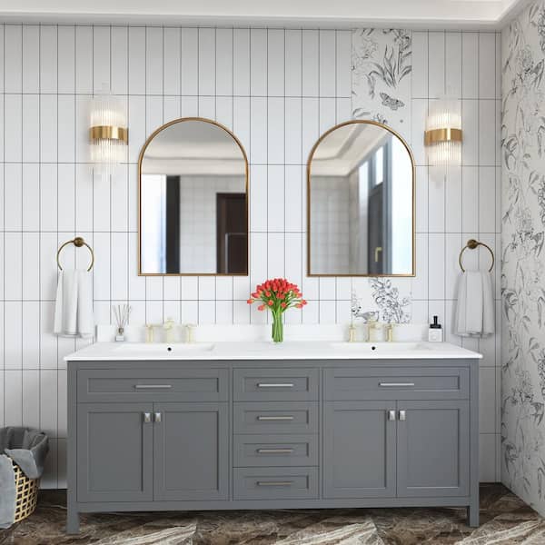 Unbranded 72 in. W x 22 in. D x 34 in. H Double Sink Freestanding Bath Vanity in Grey with White Engineered Stone Top