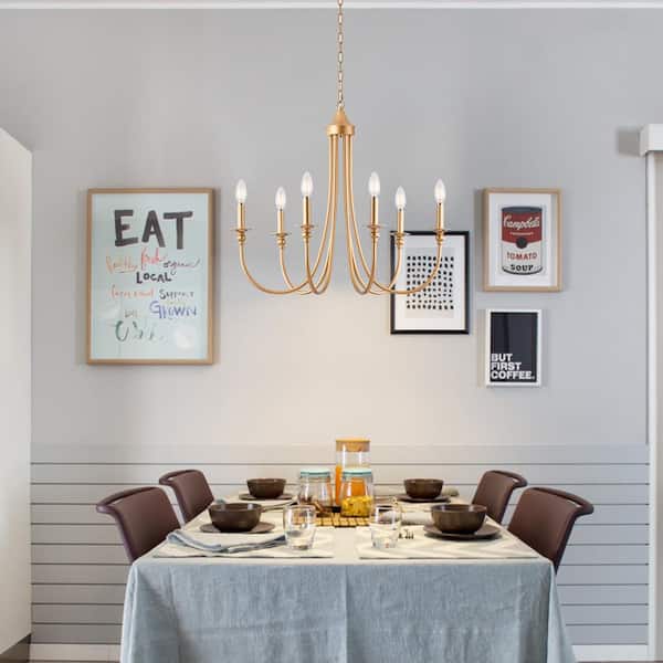 6-Light Spray Gold Mid-Century Candlestick Hanging Linear Chandelier Lighting for Kitchen Island with no bulbs included